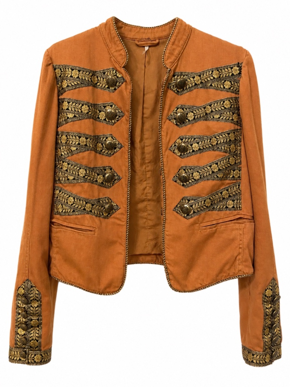 Free People Embroidered Military Band Jacket Gold Brocade